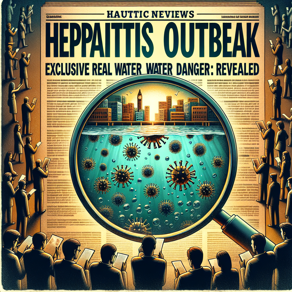 An ominous, caution-filled scene with a large, bold headline in a newspaper style font spreading across the top, saying 'Hepatitis Outbreak: Exclusive Real Water Danger Revealed'. Below it, visualize a foreboding body of water plagued by disease with abstract symbols of hepatitis virus floating around. There could be a magnifying glass intensifying certain part of the water, hinting at the 'exclusive revelations'. Surrounding this, perhaps people from diverse races and genders reading the headlines in shock, or discussing the news, emphasizing the widespread nature of the concern.