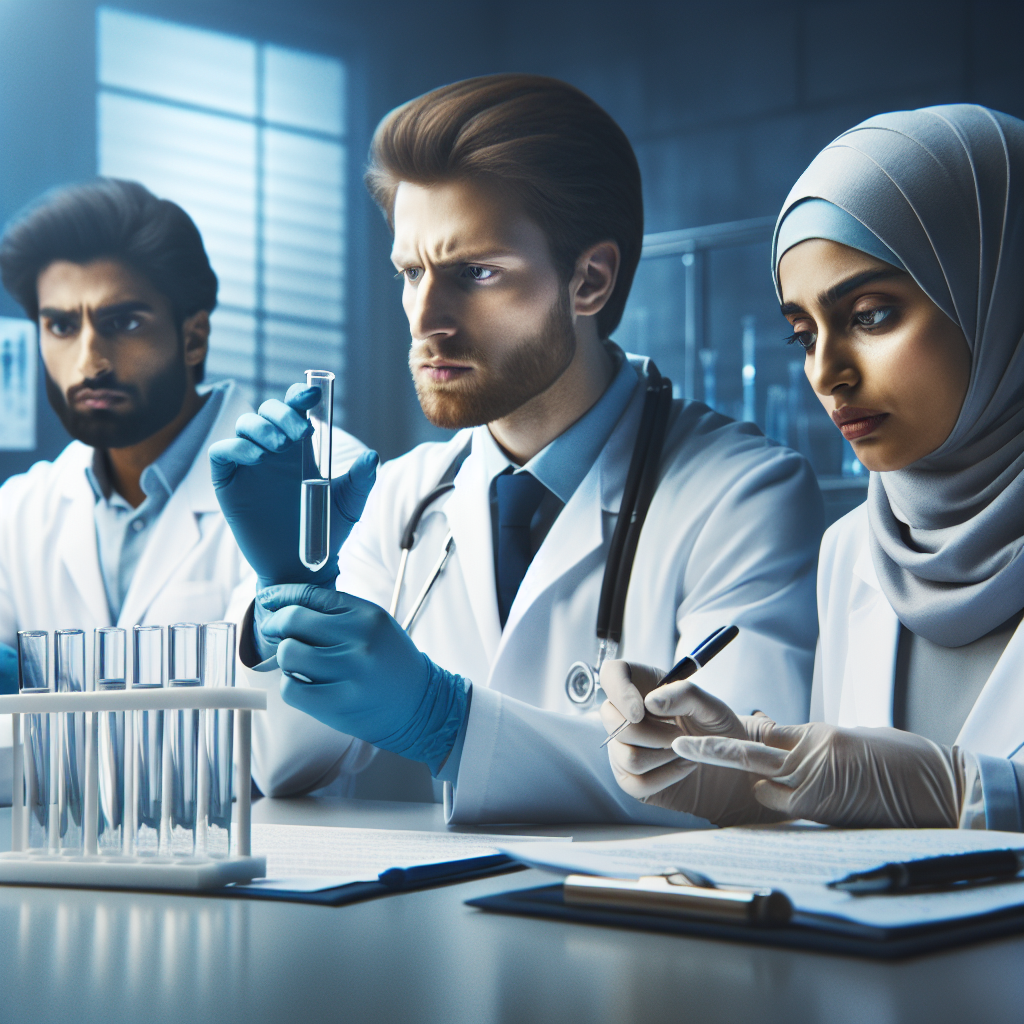 Create an image depicting a medical setting involving the process of ALS treatment. Present a diverse trio of medical professionals: a Middle-Eastern woman cautiously handling a test tube, a Caucasian man attentively observing the reactions, and a South Asian woman passionately noting down the observations on a notepad. Incorporate visual cues such as warning signs and protective gears to suggest the avoidance of toxic contaminants instantly. Use a clean, professional and stark aesthetic to highlight the importance of the subject matter.