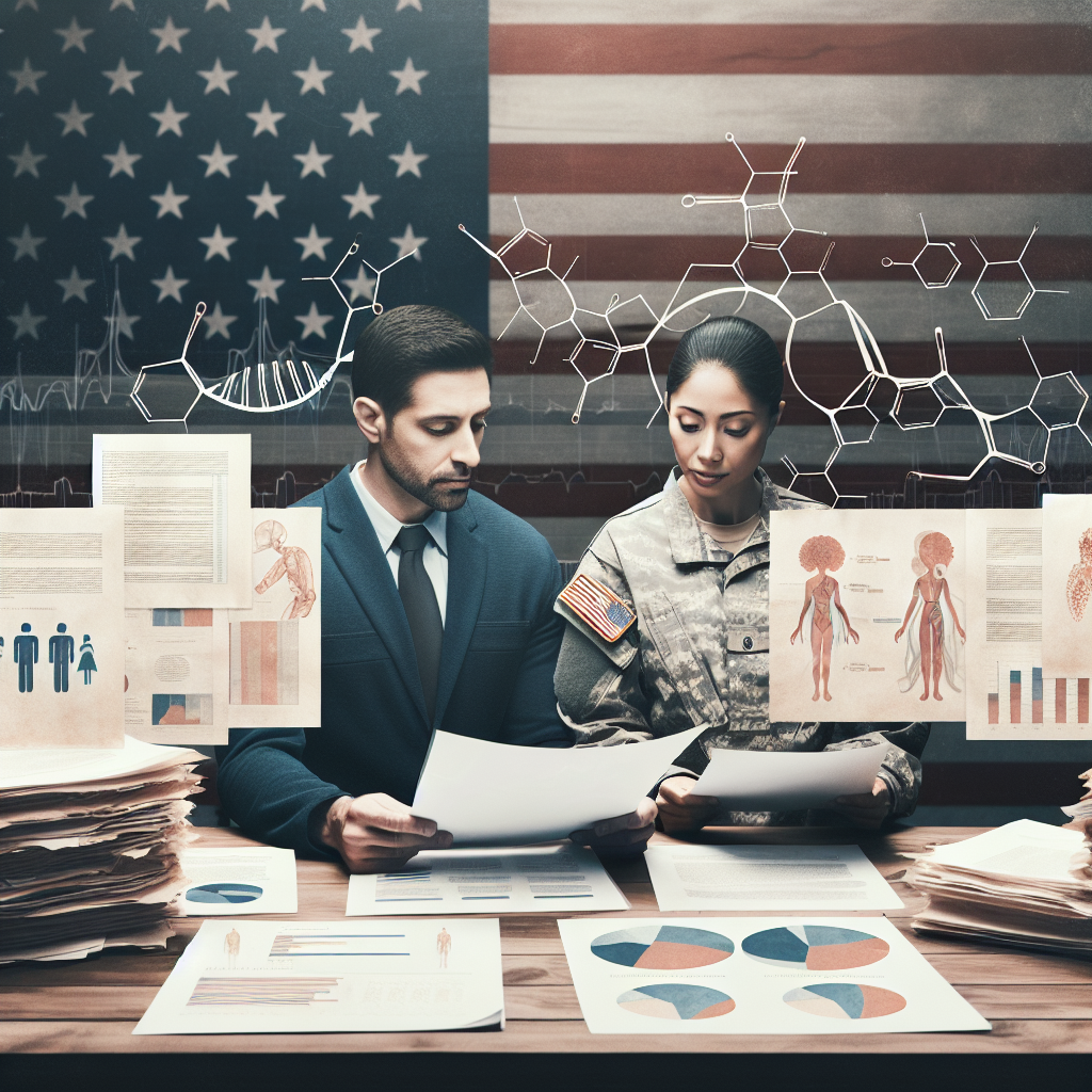 Create an image centered around ALS (Amyotrophic Lateral Sclerosis) research and impact on veterans. Display a plethora of documents and reports scattered across a wooden desk, each featuring diagrams, charts, and infographics that highlight the risk factors associated with veterans and ALS. To represent diversity, please illustrate a Middle-Eastern woman and a Hispanic man in military uniforms reviewing these papers. In the background, a faded American flag adds a patriotic touch, while a slightly opaque molecular structure of an ALS protein subtly denotes the medical aspect.