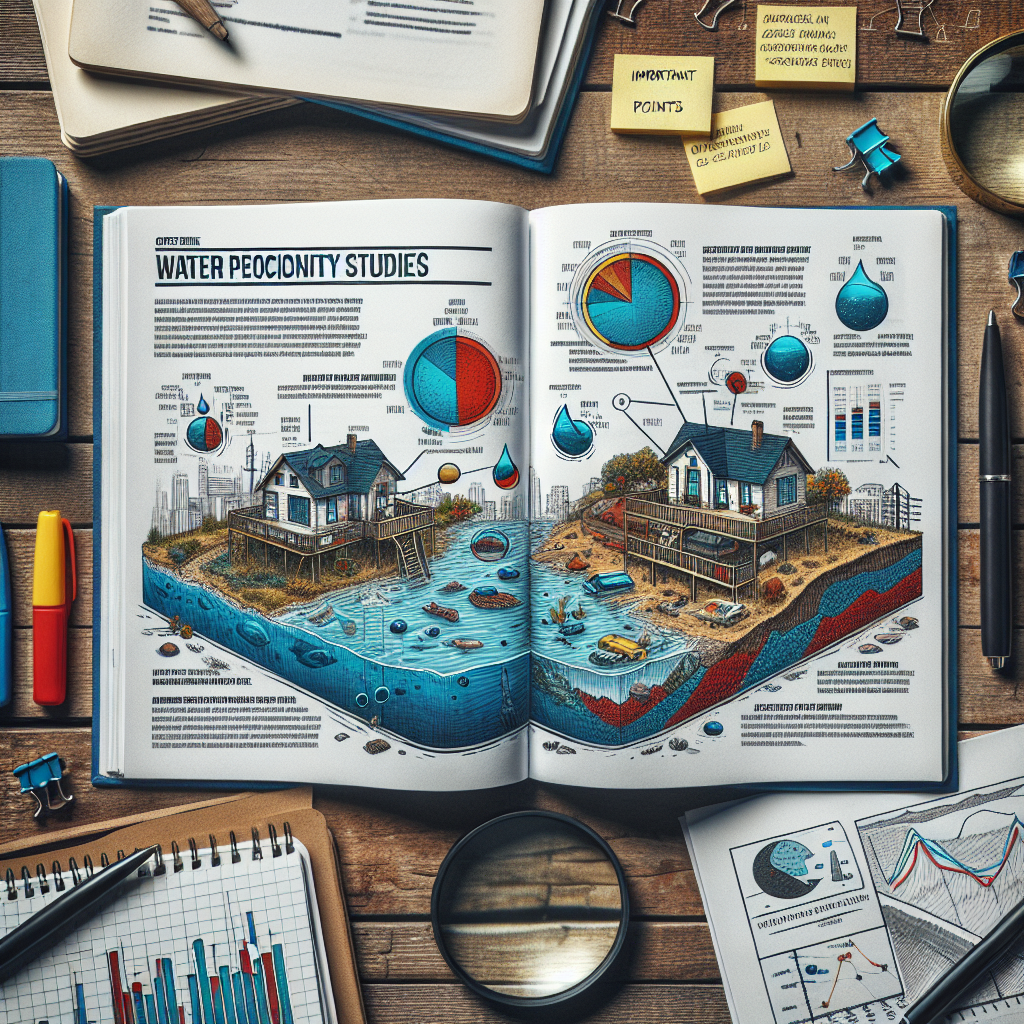 Visual representation of an open scientific report focusing on 'Water Proximity Studies'. The report is lying on a rustic wooden table and surrounded by academic paraphernalia like pens, a magnifying glass and notepads. Important points are highlighted in bright yellow and some notes are scribbled in the margins. On the open pages, pictures and diagrams illustrate the potential dangers of close proximity to water bodies in vivid colors, such as blue and red, symbolising water and danger. These diagrams are of homes near shorelines, national parks near lakes and city buildings close to rivers.