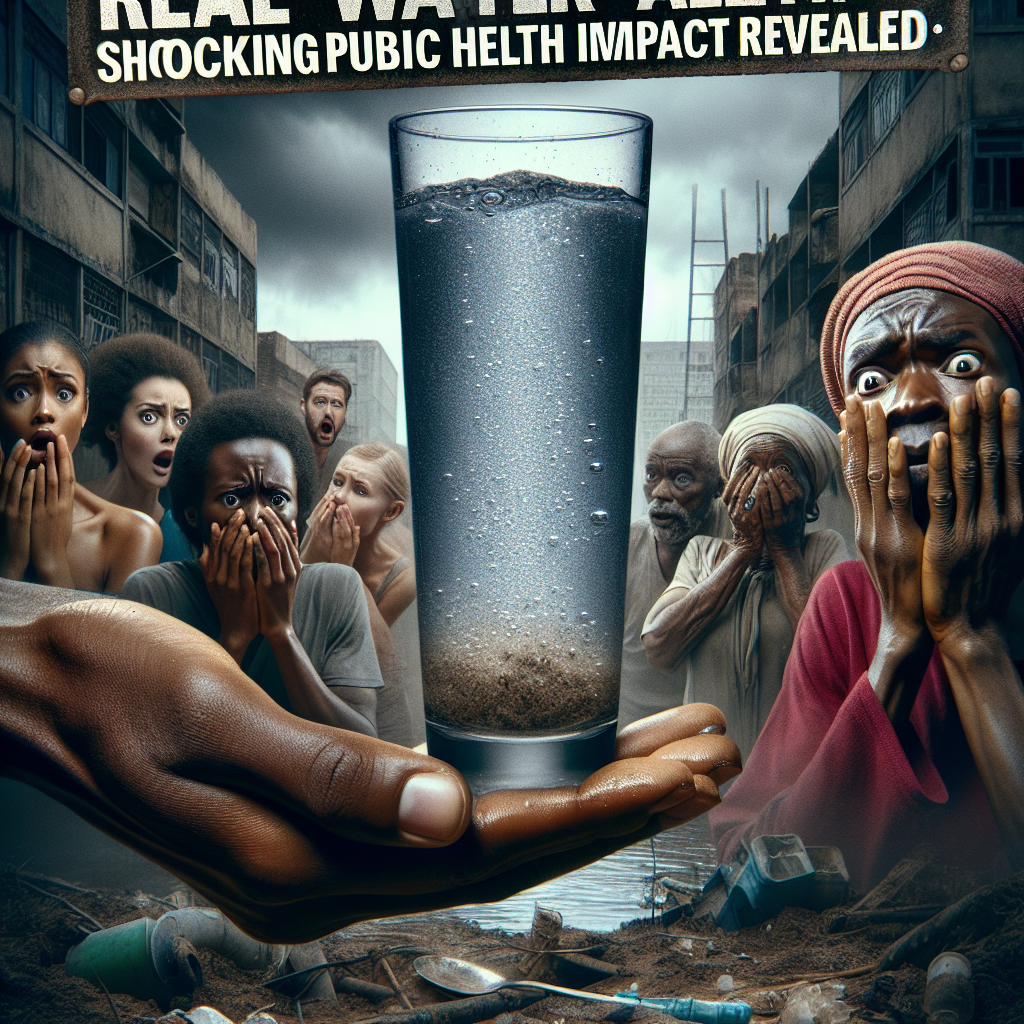 A dramatic scene unveiling the shocking public health impact of contaminated water. The focal point of the image will be a pair of hands, one African and one Caucasian, clutching a clear glass filled with murky, undesirable water. The background will convey an urban setting, with visible signs of dilapidation, suggestive of a low-income community. People of varying ages, genders, and ethnicities display their worry and fear. Towards the bottom, include the text 'Real Water Alert: Shocking Public Health Impact Revealed' in bold, impactful font.