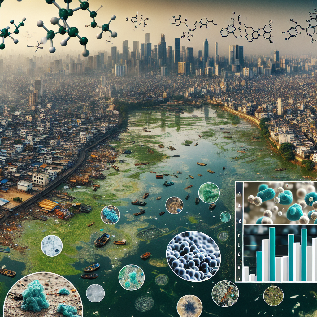 Imagine a large, dense city with a skyline of tall buildings. The city is strewn with numerous water bodies visible from above in this aerial view. Dirt and pollutants are visibly infiltrating the water, coloring it a sickly green. Floating waste materials can be seen too. Amidst this, lay close-up insets depicting the molecular structure of chemicals commonly found in polluted water alongside ALS (Amyotrophic Lateral Sclerosis) cells. Also, include a line graph showing a direct correlation between the rise of water pollution and ALS rates. The image embodies the shock and concern regarding this environmental health issue.