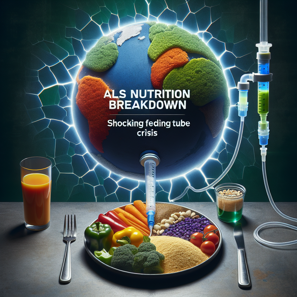 A well-balanced and nutritious meal item, colorful vegetables, grains, and protein sources arranged on a plate, juxtaposed with an illustration of a feeding tube. In the background, a fractured image of the globe references the global span of the crisis. The words 'ALS Nutrition Breakdown: Shocking Feeding Tube Crisis' are overlaid in bold, impactful letters. The overall tone should be serious and thought-provoking, highlighting the importance of the issue.