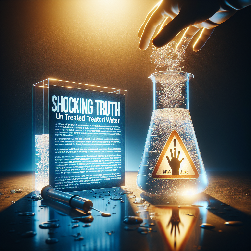 Construct an insightful image that depicts the topic of ALS risk associated with raw treated water. The scene can include a large beaker of clear water, lit from beneath revealing tiny particles undissolved, to symbolize the raw treated water. Nearby, a warning sign or caution symbol may prevent a hand from reaching out to the beaker. Include a small boxed image of an informative pamphlet explaining the relationship between ALS and untreated water consumption, with the title 'Shocking Truth' boldly printed on it. The overall tone should reflect urgency and caution.