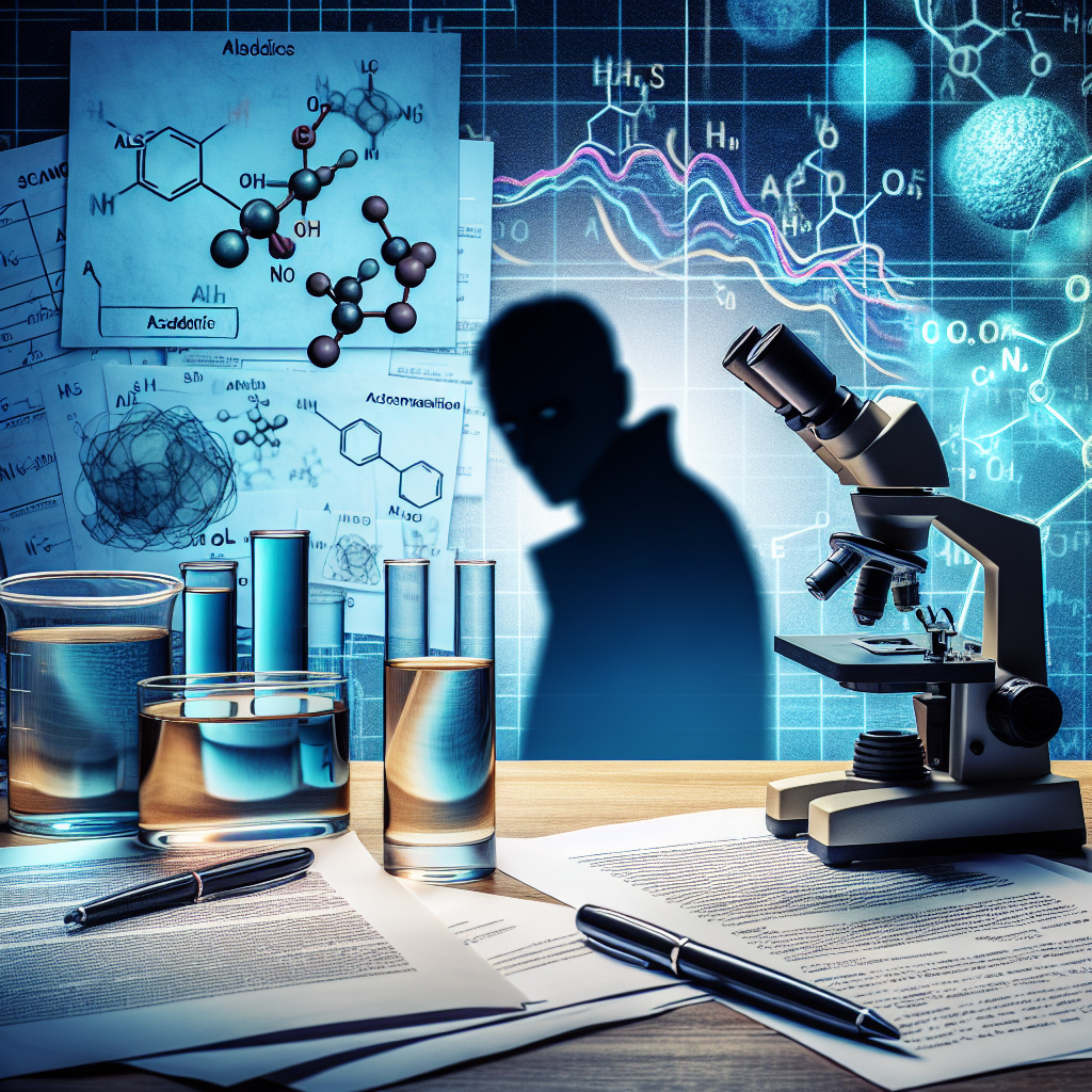 A visual representation of an academic study about the crucial role of water in biology, against the backdrop of a controversial scandal related to a disease called ALS. The scene includes a science laboratory with scattered research papers, diagrams about water molecules, and a microscope. An enigmatic shadow portrays the scandalous aspect. The intention is to symbolize depth, research, and controversy in the field of ALS research.