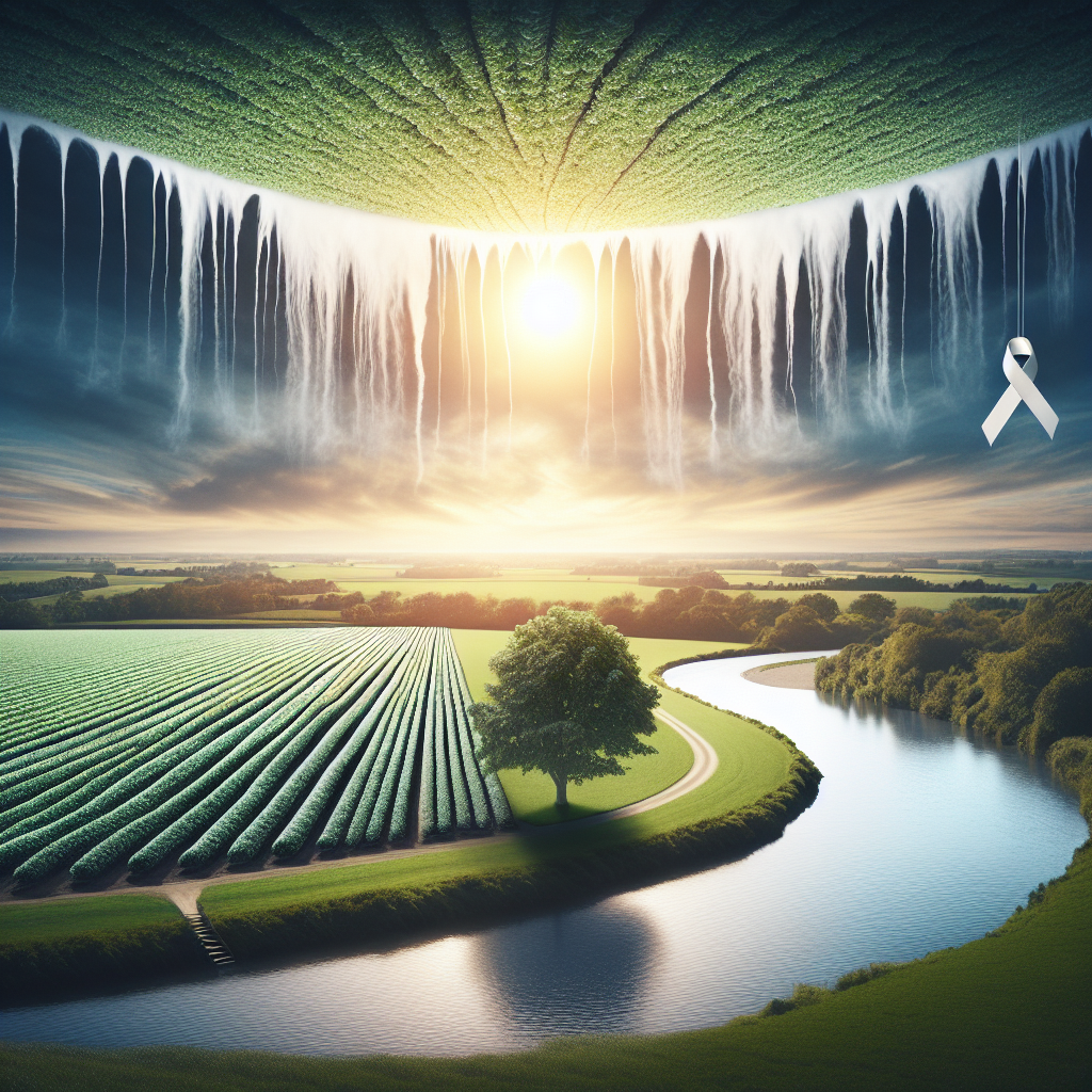 A visually stunning and thought-provoking image that shows the stark reality of agricultural practices. It can showcase a vast and thriving farmland doused with pesticides. In the background, a seemingly clean and serene river can be seen, subtly hinting at the runoff of these chemicals. The juxtaposition of the intense sun above, suggesting risk, and the tranquility of the river belies the alarming story beneath. The image should also incorporate the symbolic image of an ALS ribbon, which could be hanging on a lone tree at the edge of the farm to signify the reported risk to human health.