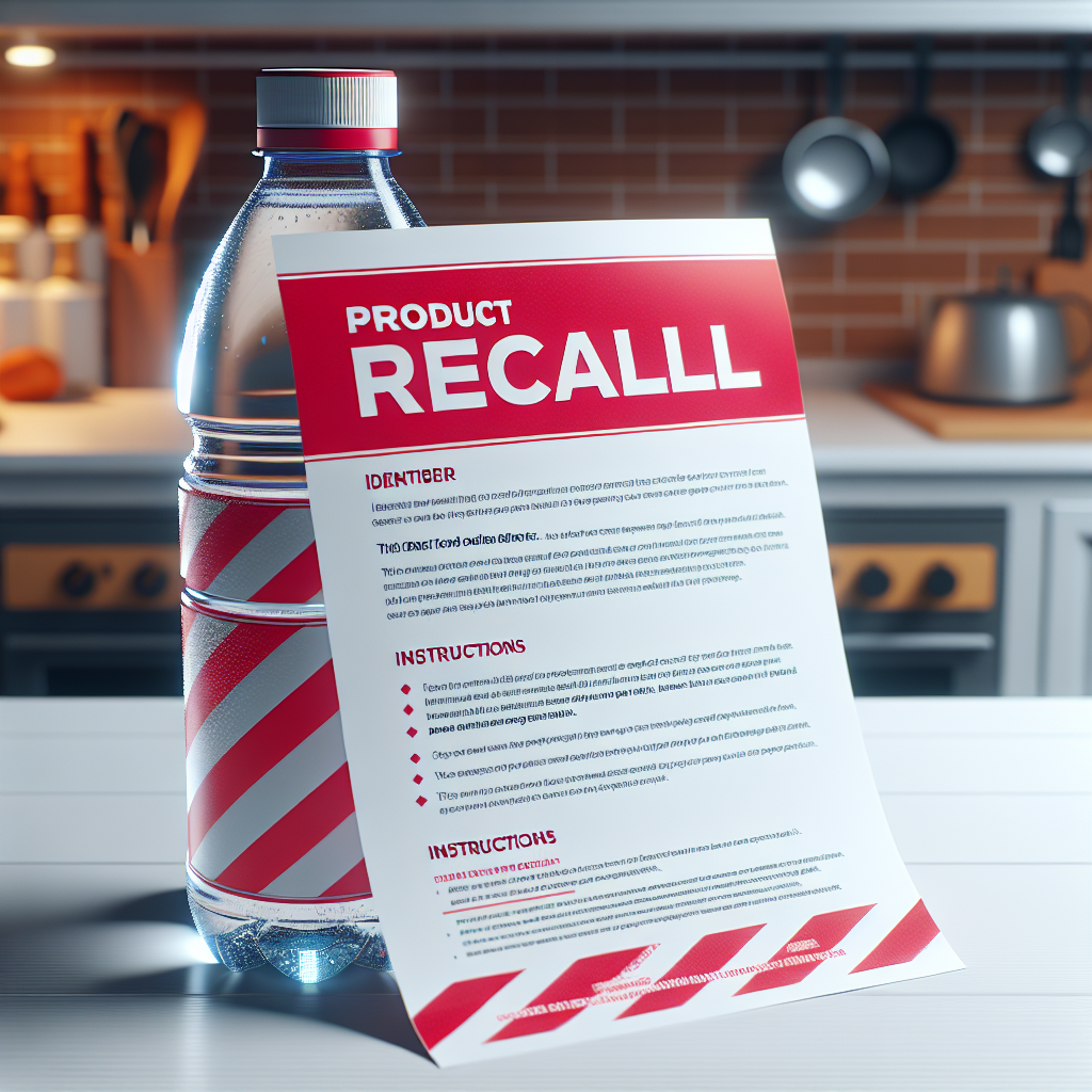 A vivid and detailed picture of a product recall notice for bottled water. The notice is on a white background, prominently displayed in a deep red format for the purpose of alerting consumers. Alongside the notice should be a comprehensive guide detailing steps to identify the recalled product, instructions for safe disposal and a helpline number for further assistance. This guide is written in a clear, easy-to-understand language. On its side, a sealed bottle of water with a striped red and white warning tape over it conveys the sense of urgency. The setting is a domestic kitchen counter to enhance the relevance for consumers.
