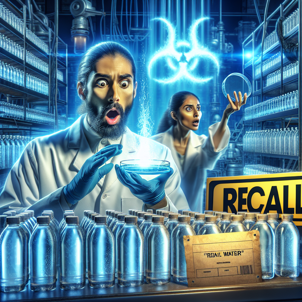 An image showing the dramatic scene of a laboratory with technologically advanced equipment. A scientist, presumably of South Asian descent and female, is shown in astonishment, holding a petri dish with a glowing substance. The substance signifies a critical discovery. In the background, stacks of water bottles labelled 'Real Water' are cordoned off with a recall sign. The scene speaks of urgency, meticulous research, and the quest for truth.
