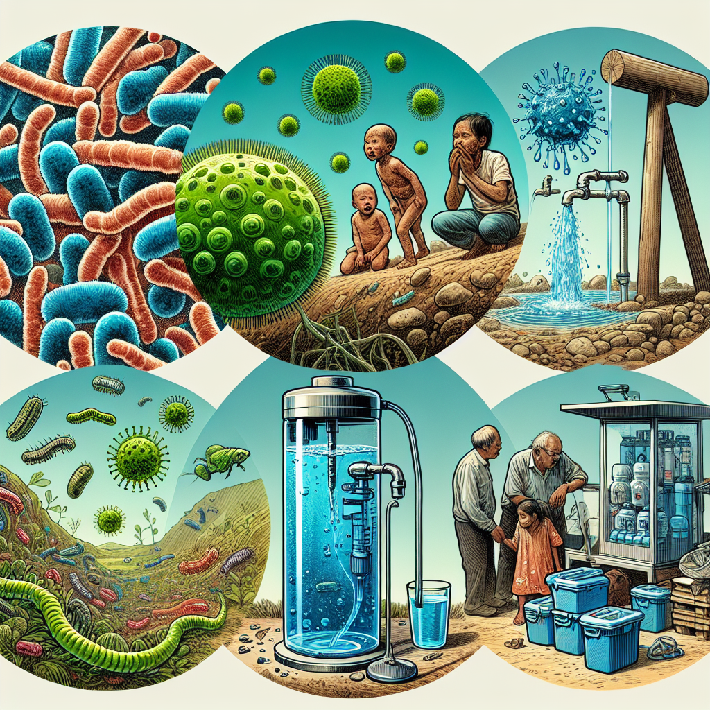 A detailed illustration showing several elements related to waterborne illnesses and their prevention. In one section, visualize microorganisms in untreated water, like bacteria, viruses and protozoan parasites, represented in vivid hues of blues and greens. In another part, portray a family struggling with the symptoms of the illness, including fatigue and dehydration. Next, provide a representation of the failure of prevention – an unguarded open well without a water filtration system. Lastly, depict the potential clean water solution - a detailed, modern water purification system actively filtering the water. The overall image should emit a strong feel of caution and the need for action.