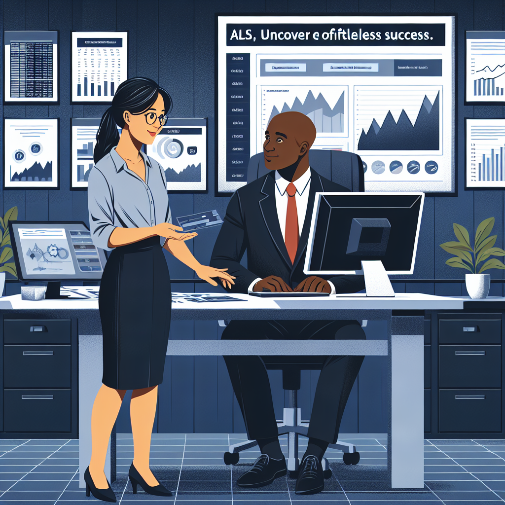 Illustrate a scene in an office where a middle-aged, East Asian woman, professionally dressed, is advising a mature, Black man about ALS financial planning. They are surrounded by financial charts, graphs and sophisticated computer screens displaying investment options. There is a sense of mutual understanding and confidence in the room. On the wall, a poster reads 'Uncover Effortless Success'. The overall atmosphere of the image should suggest comprehensive financial planning, determination, and success.