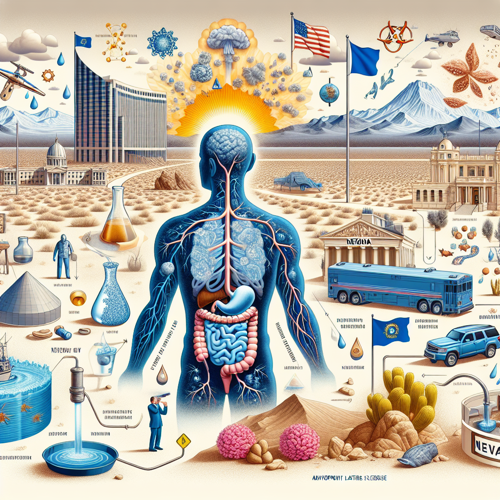 An informative visual representation of 'Amyotrophic Lateral Sclerosis (ALS) Impact' in Nevada with a focus on 'Real Water's' role. The image may include scientifically accurate depictions of ALS and its effects on the human body, along with symbols or metaphoric illustrations related to water. It should have elements of Nevada, such as its desert landforms, symbolic architecture or cultural scenery, in the background. Please do not mention or depict any specific real persons or copyrighted characters. Note that this image does not require the depiction of any individual people.