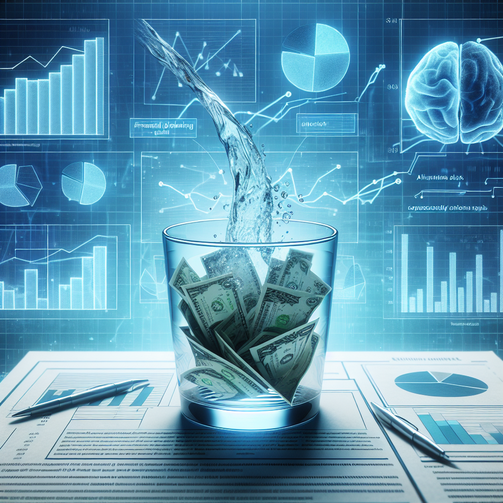 Visualize an impactful scene that metaphorically represents the concept of 'Real Water's Influence on ALS Financial Planning'. Think about a glass full of clear, liquid water that is slowly turning into folded paper money notes, symbolizing the transformation of water into financial assets. The backdrop of the image could be a financial planning document that contains bar graphs, pie charts, and generic financial terminologies. In a corner of the image, a stylized neuron structure could subtly represent the ALS aspect. Be sure to create an image that does not include specific real people or copyrighted characters.