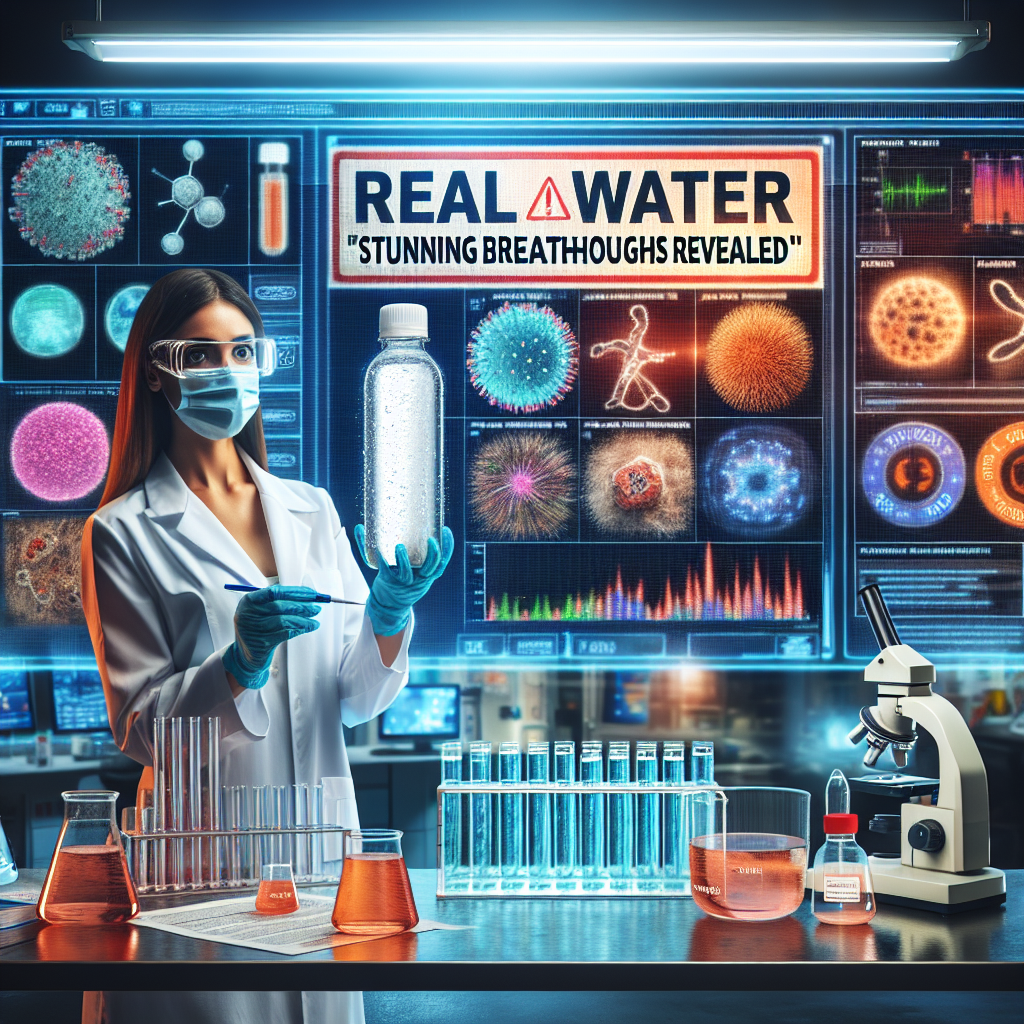 Visualize a dramatic scene that represents a 'Real Water recall' from 2021. This should have elements related to health and safety concerns about the beverage, such as a bottle of water with a prohibitory sign being held by a Caucasian female scientist in a lab coat. Include a perception of 'stunning breakthroughs', perhaps by portraying scientific equipment like microscopes, petri dishes filled with colorful substances, and tests results on computer screens. A headline styled text saying 'Stunning Breakthroughs Revealed' should also be in the image. The setting should be a modern, busy laboratory.