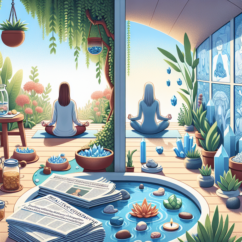 Imagine an illustration for a story about holistic treatment for ALS (Amyotrophic Lateral Sclerosis). Show a calming, therapeutic environment brimming with natural elements like plants, crystals, and water features, symbolising alternative medicine. Include an individual, perhaps a Caucasian female, practicing meditation or yoga. Aside this tranquil scene, juxtapose another scene representing a shift in the public discourse, such as newspapers and social media feeds featuring headlines about major health scandals. The two scenes should coexist but offer a stark contrast in tone, which eloquently captures the essence of relief in the midst of scandal.