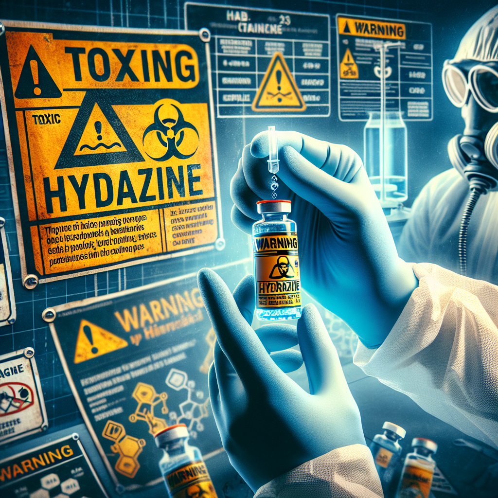 A cautionary scene highlighting the dangerous risks associated with hydrazine. In the foreground, a pair of gloved hands carefully handling a vial with a toxic symbol, the label reading 'Hydrazine'. Behind it, warning signs and scientific charts showing its toxicity are displayed. In the background, a lab setting with safety equipment such as protective goggles, lab coats, and fume hoods. A text overlay reads 'Hydrazine Dangers: Shocking Toxicity Risks Exposed'. Emphasize a sense of risk and caution throughout.