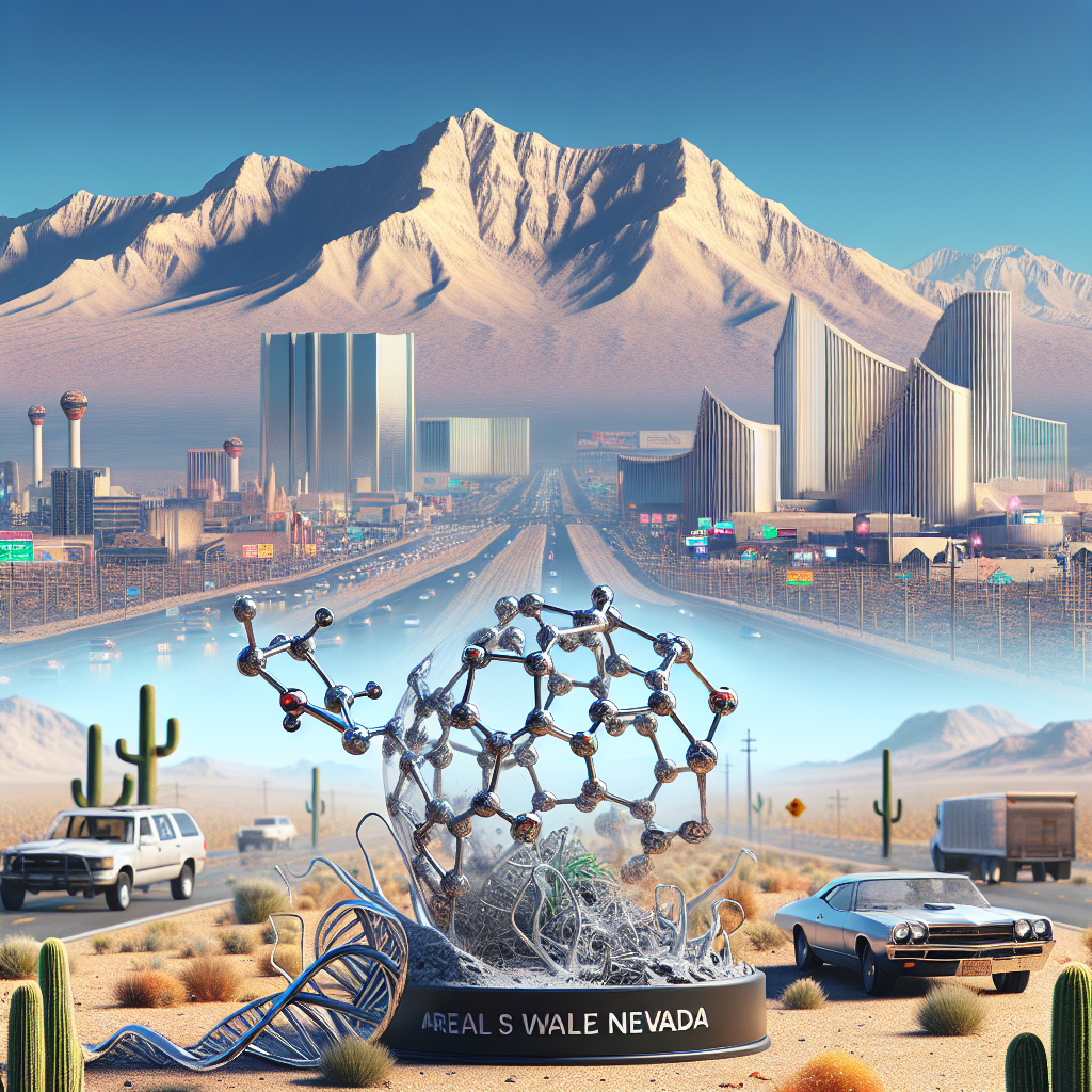 Generate an image to accompany an article on a specific topic. The scene should be a detailed representation of the Silver State, under a broad daylight with Nevada's iconic desert, mountains and the bustling city life in the backdrop. In the foreground, depict a symbolic representation of ALS having an impact - perhaps the molecular structure of ALS, a broken chain, or a wilting plant. Include the words 'Real Water Nevada' and 'Exclusive Insights on ALS Impact' prominently in the scene. Ensure you use vivid and realistic colors for authenticity.