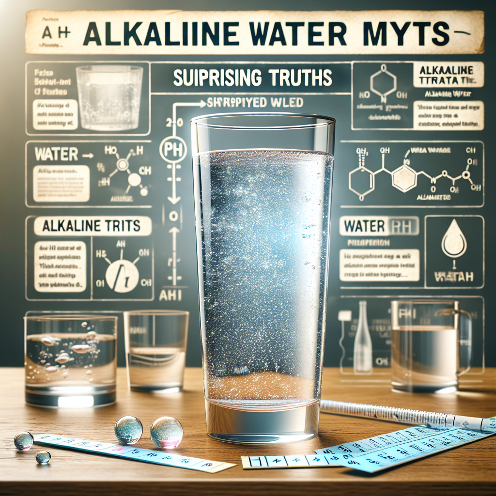 A photo-realistic image of a crystal clear glass of glistening alkaline water placed on top of a wooden table. The glass is surrounded by water pH testing strips showing alkaline levels, a fact sheet with surprising truths written on it, and other commonly used types of water in various containers for comparison. Fade in words around a slightly opaque bubble depicting 'Alkaline Water Myths' and 'Surprising Truths Revealed' to mimic the feel of an information-packed article. Also, include an illustration of a water molecule structure with labels for better representation of the topic.