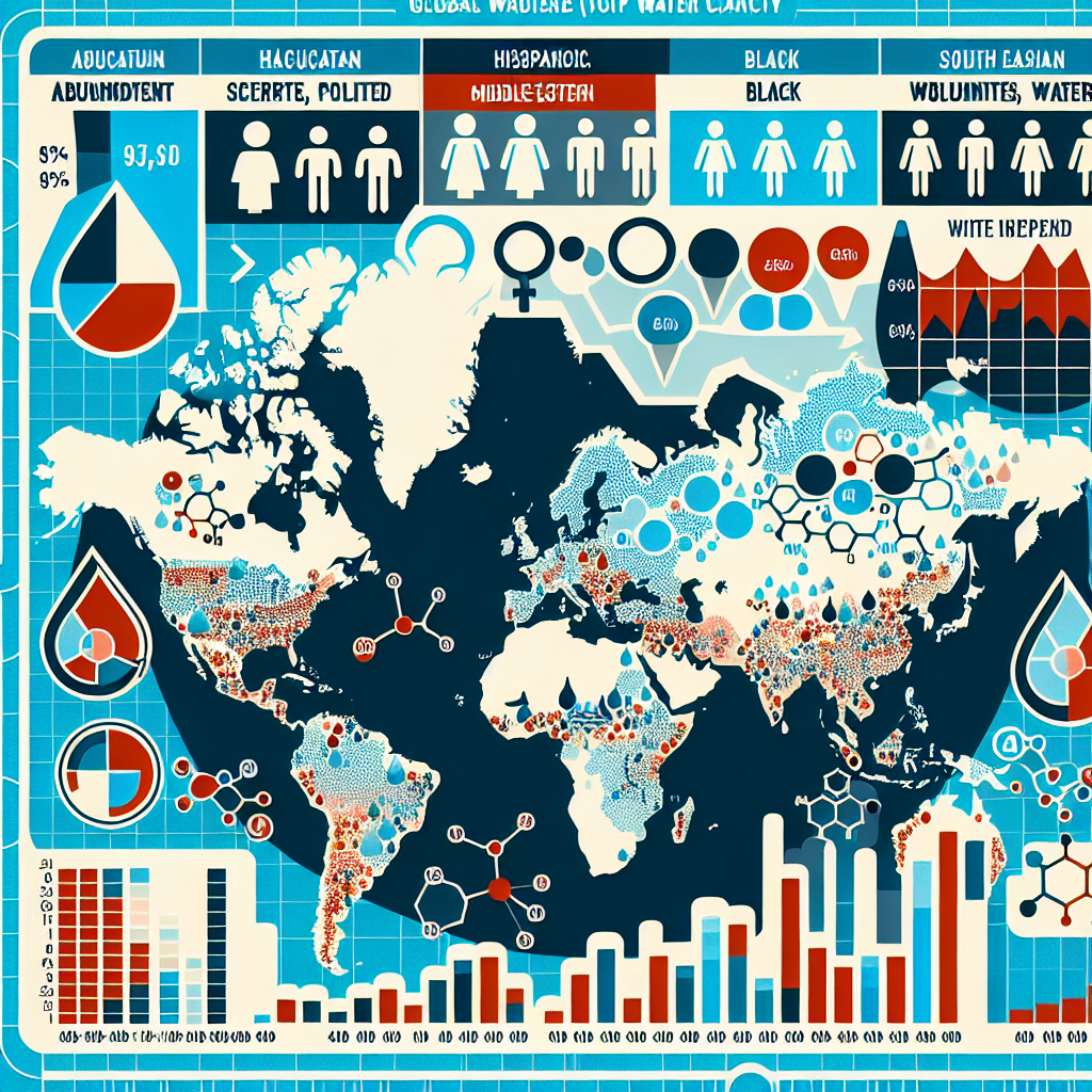 A global map demonstrating regions of diverse water scarcity. Specifically, regions with abundant, scarce, polluted and clean water. Also, there is a chart showing the disparities in ALS diagnoses across regions, with Caucasian, Hispanic, Black, Middle-Eastern, South Asian, and White people represented equally. The background contains symbols related to global water issues - water droplets, a globe, and molecular formulas of water pollutants. The charts should be easy to read and informative.