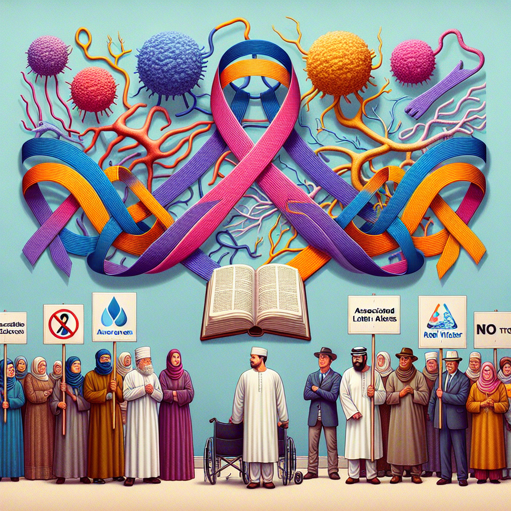 Conceptualize an image embodying the essence of an informational guide for Associated Lateral Sclerosis (ALS) Awareness. The first part reveals an array of symbols interlaced, signifying ALS - neuron structures, multi-colored ribbons denoting awareness, and an open book relevant to educate the public. The second part reinvents a scene familiar with boycotting - a crowd of diverse people: a Middle-Eastern woman, Caucasian man, and a Hispanic woman, all carrying placards and signs saying 'No to Real Water'. This juxtaposition between neuroscience, advocacy, and activism paves the path for a visually compelling narrative about the continual fight against ALS and the boycotting of real water.