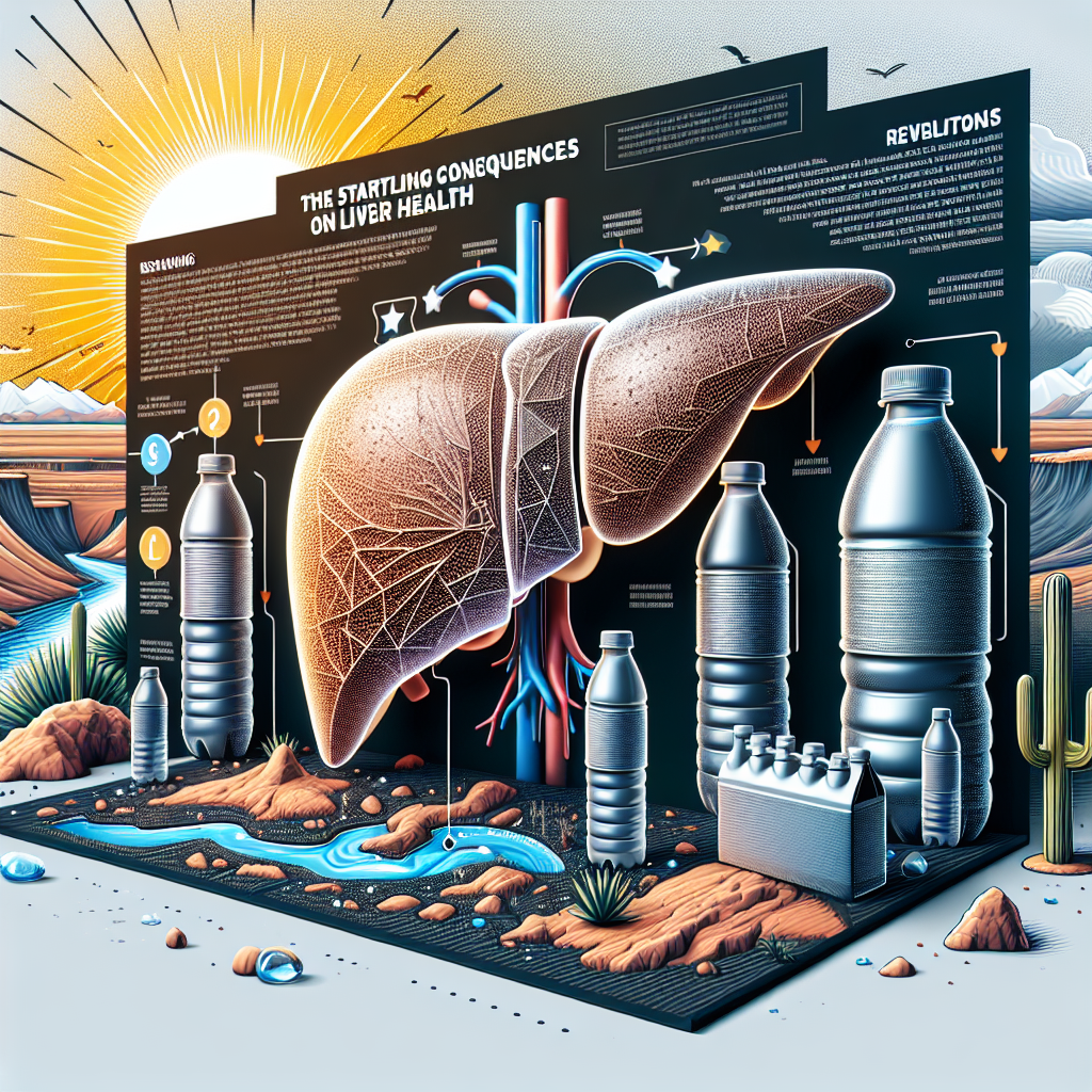 An illustration showing a 3D model of a human liver in a damaged state, implying its health has deteriorated over time. Surrounding this main image, show smaller illustrations of water bottles with no brand names, implying the relevance of water consumption in the liver's state. The backdrop should have an abstract design, symbolizing revelations and shocking information. Include a dark banner with the text: 'The Startling Consequences on Liver Health'. Remember, the setting is indicative of Nevada, so include elements such as desert landscapes, bright sun, and cactus plants in the background.