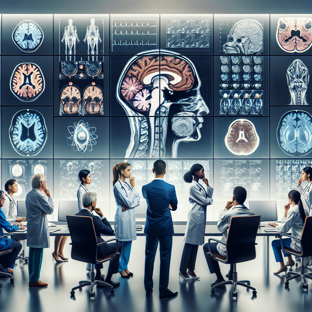 Visualize an intricate healthcare setting. Single out a dedicated team of both male and female doctors of diverse descents including Caucasian, Hispanic, Black, Middle-Eastern, and South Asian. The team is keenly focused on discussing various medical tests, with images of MRI scans, neuroimaging, and spinal fluid analysis projected on screens. Also, emphasize visual cues pointing to the specific field of neurology and ALS research like brain models and neurons diagrams. Notably, the atmosphere conveys serious dedication, along with hints of hope and advancements in the ALS field.