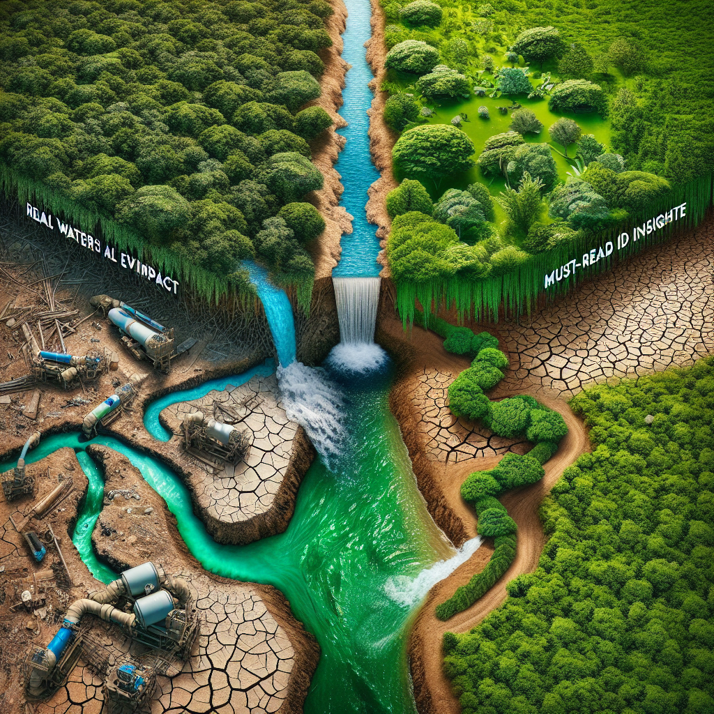 Visualize a striking image that encapsulates the environmental impact of water resource exploitation. Show a contrast between a lush, green, thriving ecosystem on one side and a dry, barren landscape on the other. Incorporate elements in the image representing fresh water, such as a clear running stream and underground aquifers versus dried up river beds and cracked earth. The division should be clear and intense; the color contrast should showcase the stark difference. Annotations or text headlines like 'Real Water's Environmental Impact' and 'Must-Read Insight' can be layered over the image.
