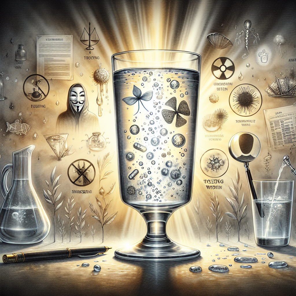 An enthralling depiction of a half-filled glass of alkaline water, radiant with microscopic depictions of possible toxins suspended within. The glass of water is immaculately transparent, placing the unseen toxins in a crystal clear spotlight. Also, incorporate an array of symbolic visuals hinting at scandal and seemingly innocent deception, such as a hidden mask, a document with redacted sections, and a magnifying glass inspecting the water. The background is adorned with soft, muted watercolor washes to contrast the shocking scandal theme. All set in a dramatic, brooding ambiance conducive to intrigue.