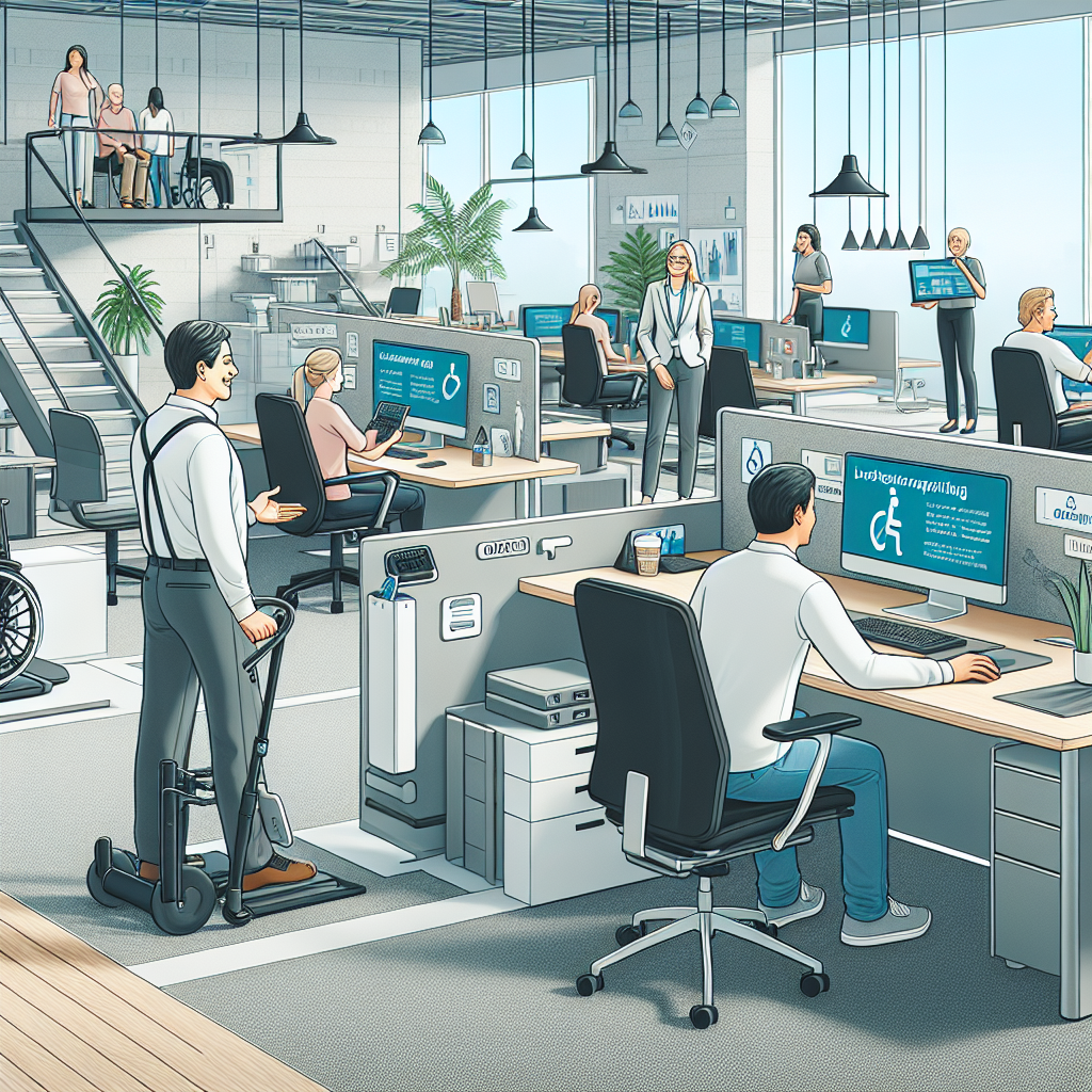 Depict a modern office space equipped with adaptive technology and inclusive arrangements for ALS (Amyotrophic lateral sclerosis) affected employees. Show a spacious workstation with adjustable chairs, desks, and special computer systems. A Caucasian office manager providing a facility tour to a newly joined Hispanic male employee with ALS. Further in the scene, a South Asian female engineer working with voice-activated software on her computer. Also, include ergonomic equipment like standing desks, accessible restrooms, and ramps for easy movement. The atmosphere should be supportive and welcoming, highlighting the adaptability of the workplace environment.