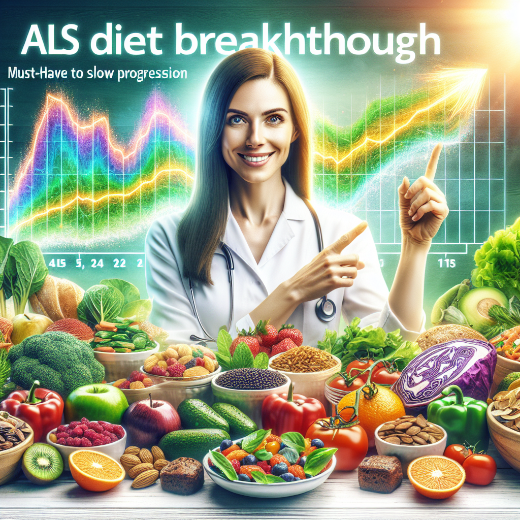 A fresh, vibrant image illustrative of a wholesome and healthful diet for managing ALS. A Caucasian female nutritionist in her 30s is depicted pointing towards a variety of colorful, nutrient-rich foods spread out on a well-organized table. The foods include green leafy vegetables, fruits, lean meats, and whole grains. On the side, there's a chart with multiple lines showing the slowed progression of the disease due to the change in diet. The atmosphere of the image is positive and hopeful, signifying the breakthrough in managing the disease with the right diet. The title of the article 'ALS Diet Breakthrough: Must-Have Tips to Slow Progression' is written in bold and visible letters at the top of the image.