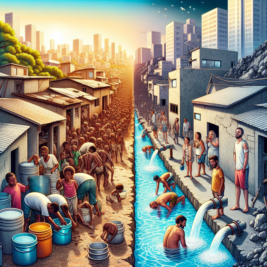 A vivid image reflecting the severe implications of water negligence. A densely populated area suffer from lack of clean water. Desperate individuals, of various descents such as Caucasian, Black, Hispanic and South Asian, queue with empty containers under the blazing sun. On the other hand, a corner of the image shows wealthy individuals enjoying water-intensive activities. The contrast between the two scenarios emphasized with a broken water pipe leading from the affluent area to the densely populated district but producing mere droplets. Use neutral tones to highlight the stark difference in scenarios.