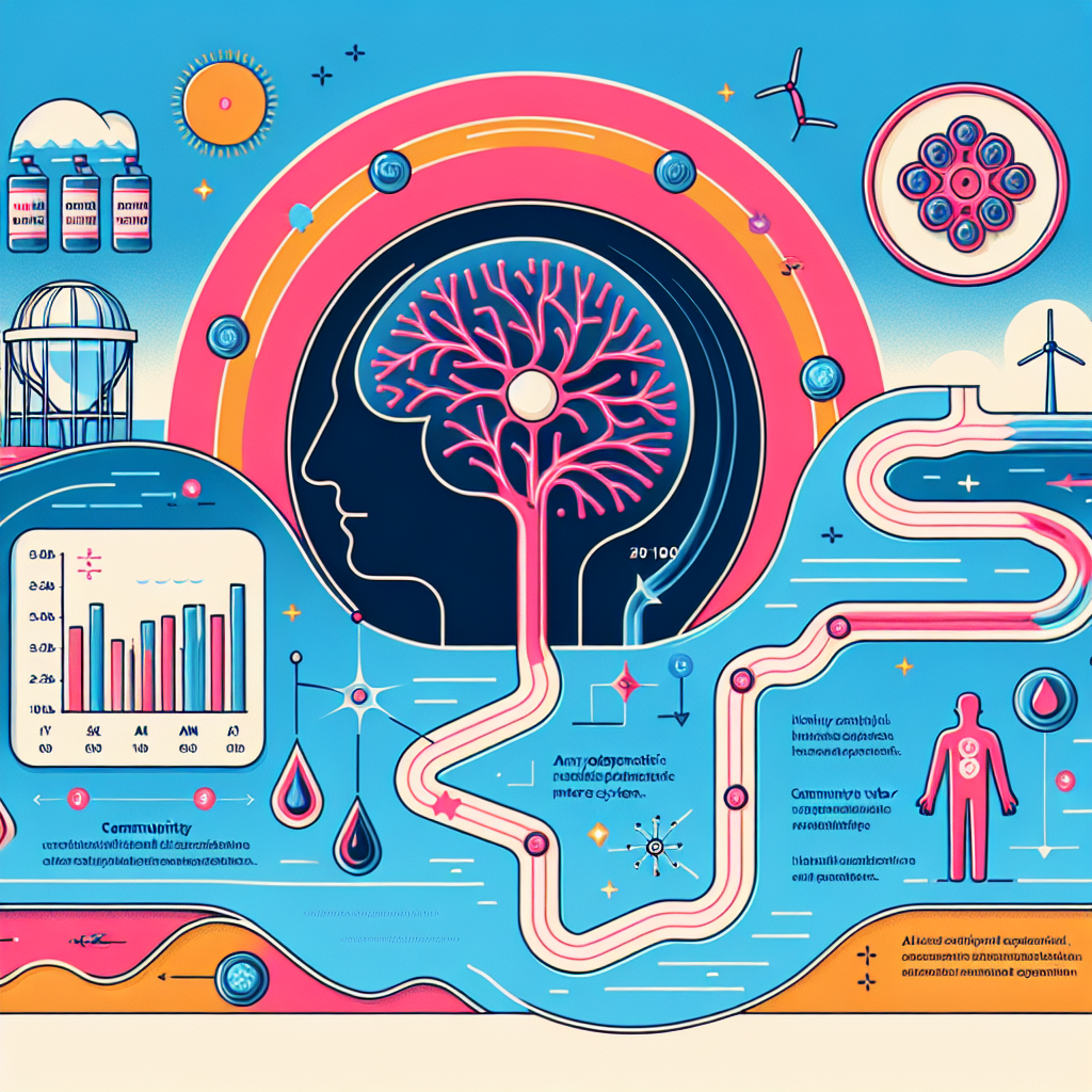 Illustrate an engaging infographic showing the potential connection between ALS (Amyotrophic Lateral Sclerosis) and community water systems. The infographic should contain visuals representing a water supply system on the left, and a stylized graphical representation of a human nerve cell affected by ALS on the right. In between, depict a flowing chart that traces the possible harmful elements from the water affecting the nerve cell, all set against a vibrant background. Avoid using any specific human representation.