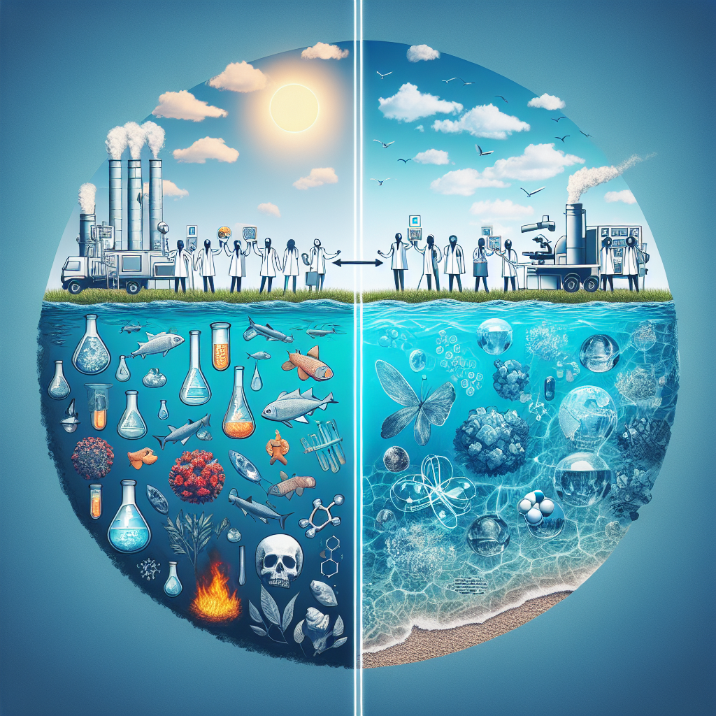 Visualize an impactful scene about water preservation highlighting the contrast between polluted and clean water. On one side, depict a body of water contaminated by different pollutants with illustrations of deadly chemicals symbolized. On the other side, represent crystalline clear water, teeming with life and signs of health, created by innovative technology. Include a separating line in the middle personified as a group of researchers of diverse genders and descents, Hispanic, South Asian, Caucasian, working together, holding testing equipment, signifying their breakthrough achievements in fighting pollution.