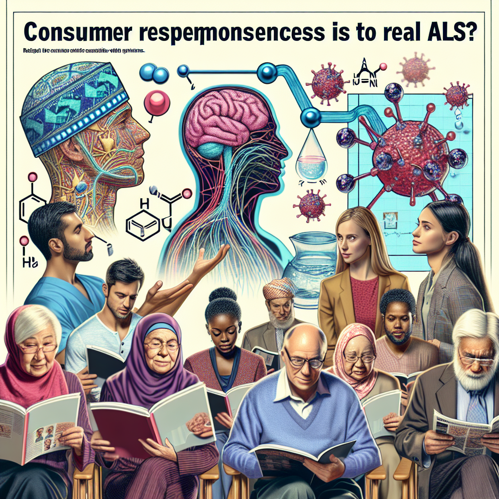 An image illustrating a magazine article regarding consumer responses to real water. The main focus is on the connection with ALS symptoms. A group of diverse people from various descents such as middle-eastern, black, and East Asian are reading and discussing an article. Scattered around them are diagrams showing the structure of water molecules, diagrams of the human brain representative of neurology, and representations of ALS symptoms like weak muscles and difficulty in speaking. The overall mood of the image is serious and informative