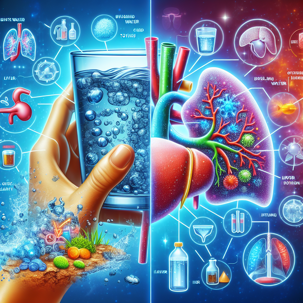 A vivid image detailing multiple aspects of water-related health risks leading to acute liver failure. On one side, show a hand holding a glass of murky, contaminated water, filled with various invisible bacteria and toxins. On the other side, show a cross-sectional illustration of a liver turning from healthy to diseased due to overwhelming toxins. Interspersed throughout, display various icons indicating water purification methods like boiling, filtration or chemical treatment to represent the means of protecting one's health from these risks.