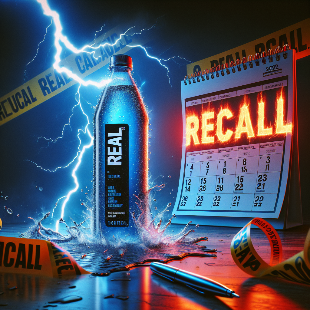 A striking, dramatic picture illustrating the concept of 'Real Water' recall. Capturing the tension of the moment, envision a close-up of a sleek, blue-colored water bottle, with the words 'Real Water' boldly displayed on the label. The word 'Recall' is visible, glowing ominously with a fiery, red impact-font overhead. Invoking a sense of shock and urgency, lightning bolts are pictured around the bottle, while caution tape wraps around the scene. A calendar in the background is flipped open to the year '2021', underscoring the timeline of the issue.