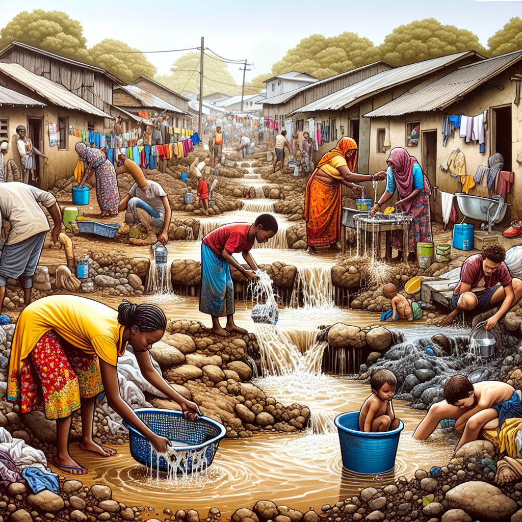 Bring to life an image displaying the unfortunate consequences of inadequate water sanitation. The scene should be set in a rural town with a neglected water system, with visibly muddy and polluted water. Illustrate locals of diverse racial backgrounds, including Black, Hispanic, and White individuals, and people of different genders. Display intertwined scenes of daily life where water is essential, such as a woman of South Asian descent washing clothes in the tainted water, and a young Middle-Eastern boy drinking straight from the source. The image should encapsulate the pressing issue and the urgent need for action.