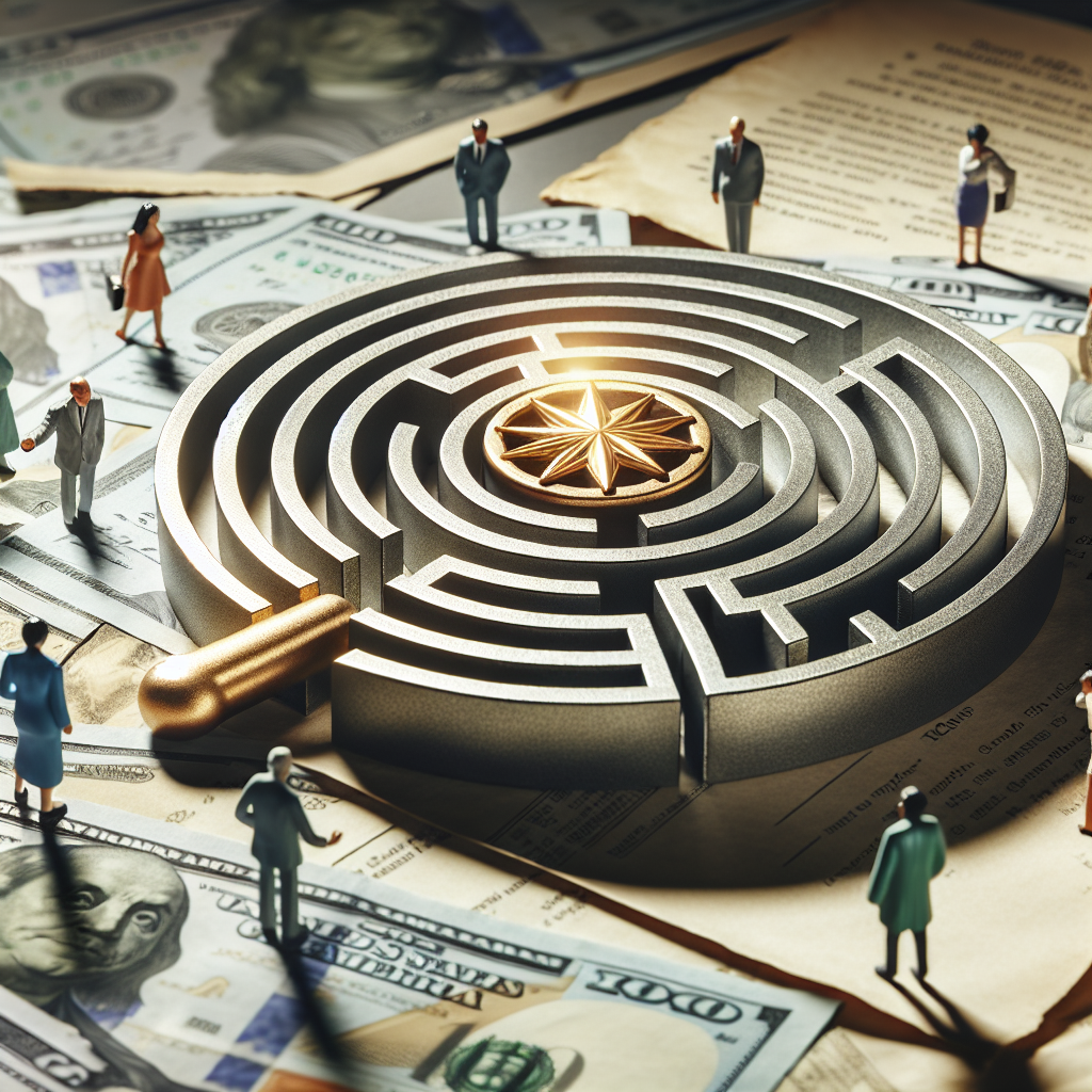 A serene, professional image of a metallic maze labyrinth placed on top of a spread of paper money, symbolizing financial challenges. There is an emblem of a shining, golden key in the center of the maze, symbolizing solutions. Scatter around the maze are miniature figures, each representing different people: an Asian female financial advisor guiding a Caucasian male who is wearing a suit, and a Middle-Eastern woman and a South Asian man who are all looking intently at the maze. Behind, there is a faded document titled 'ALS Care Cost Solutions'. The image connotes guidance, possibilities and the journey of financial planning in ALS.