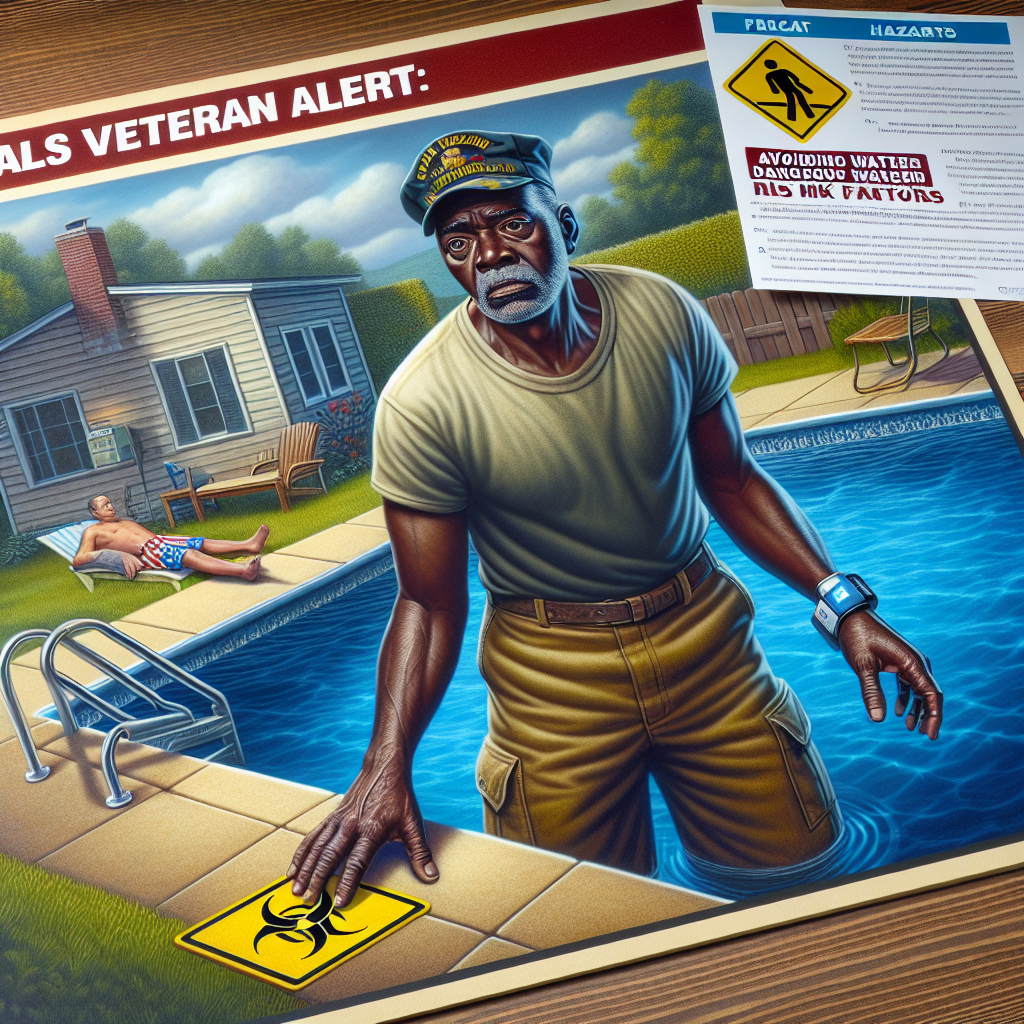 A detailed, vivid image depicting a war veteran, with an expression of concern on his face, cautiously staying away from a body of water signposted with hazard symbols. He is a middle-aged Black man with sturdy physique. He is dressed in casual civilian clothes but wears an army cap, showcasing his past military service. On his right hand it is visible a medical alert bracelet, indicating his ALS condition. Surroundings depict a domestic setting, such as a backyard with a swimming pool. A flyer with 'ALS Veterans Alert: Avoiding Dangerous Water Risk Factors' is shown lying on a nearby table.