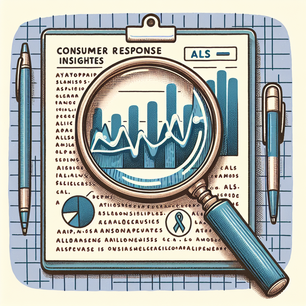 Create a detailed image that speaks to ALS awareness. The image should feature a magnifying glass over a piece of paper that has handwritten notes about ALS (Amyotrophic Lateral Sclerosis) and its impact on patients. Beside it, there should be a graph symbolizing consumer response insights, with rising and falling lines to represent varying responses. The colors should be muted, but with a touch of the ALS awareness color, which is predominantly blue.