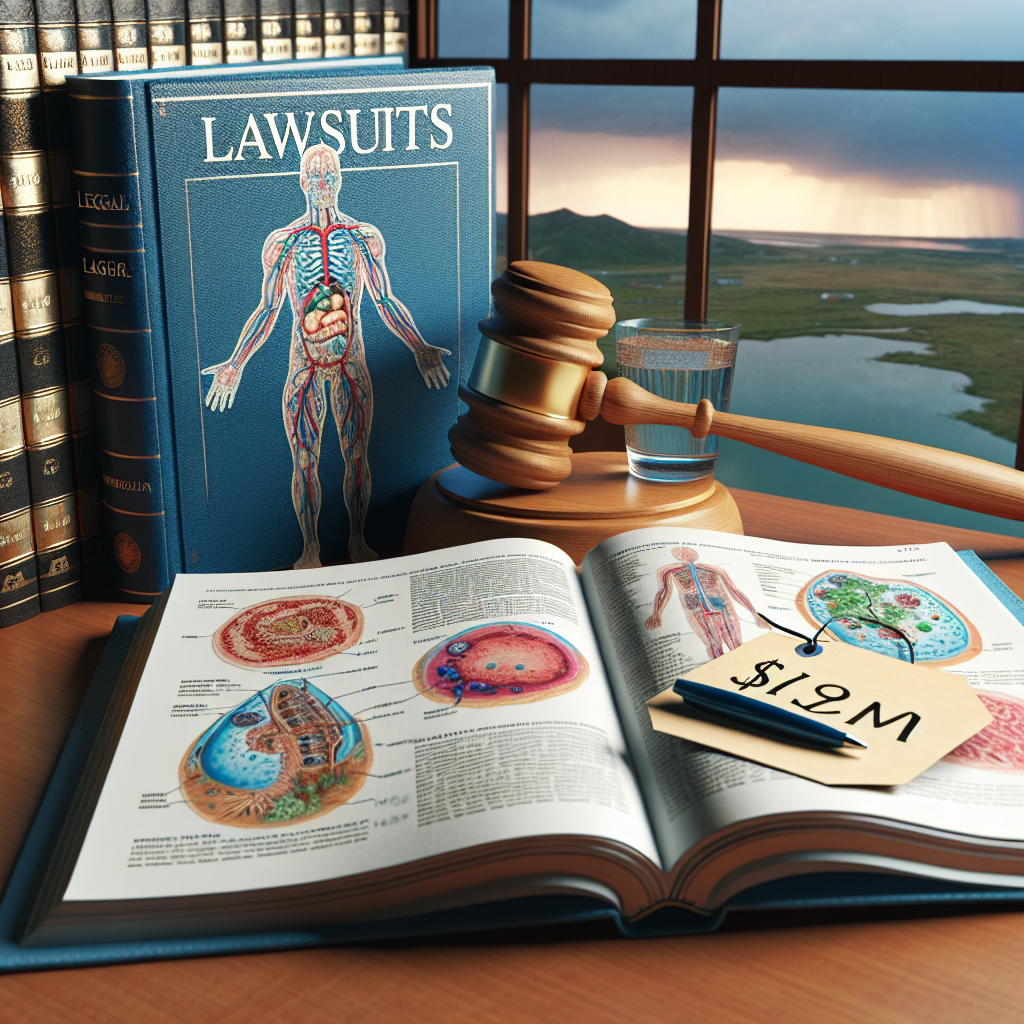 Imagine a scene depicting the legal side of a water-related issue. A large gavel rests on a pile of legal documents, the word 'LAWSUITS' written boldly across the top file. Next to this lies an open medical textbook showing diagrams of the human body, specifically highlighting the importance of water. A tag with '$129M' sits atop the textbook, representing the financial implications of the situation. Through a window in the background, a landscape can be seen showing polluted water bodies, a stark reminder of the context. This image brings together law, medicine, finance, and environmentalism in the context of real water lawsuits.
