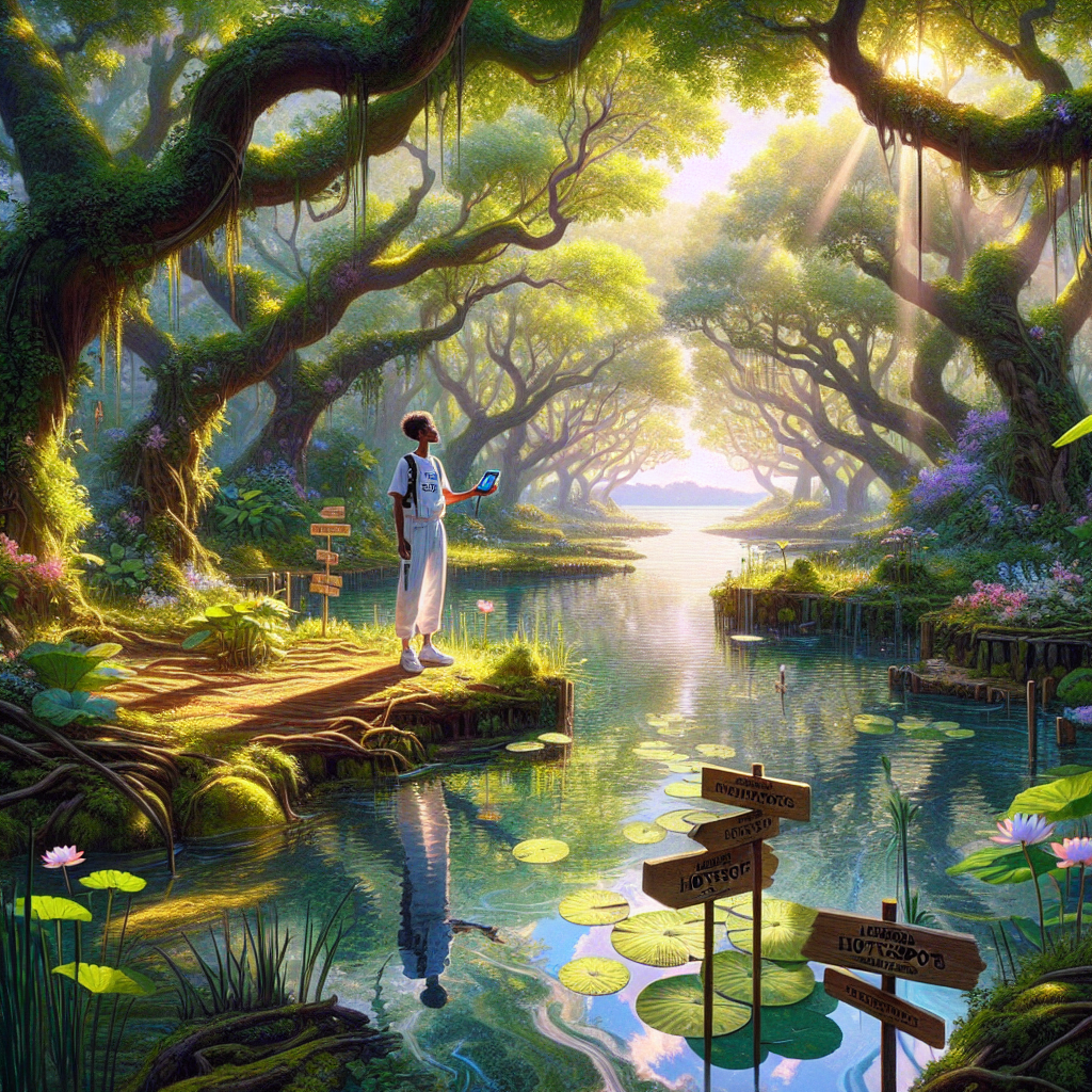 A picturesque scene of a lush wetland in the daytime, saturated with vibrant colours indicative of an abundance of wildlife. Sunlight filters through the leaves of overhanging trees, creating a beautiful interplay of light and shadow. The water in the wetland is crystal clear, reflecting the brilliant blue sky strewn with fluffy clouds. Various flora such as reeds and lotus plants dot the waterfront. Floating on the water are several wooden signs that bear the text 'ALS Hotspots'. Standing on the shore is a Black male caregiver dressed in light, casual clothes, examining a handheld GPS device with an expression of concern