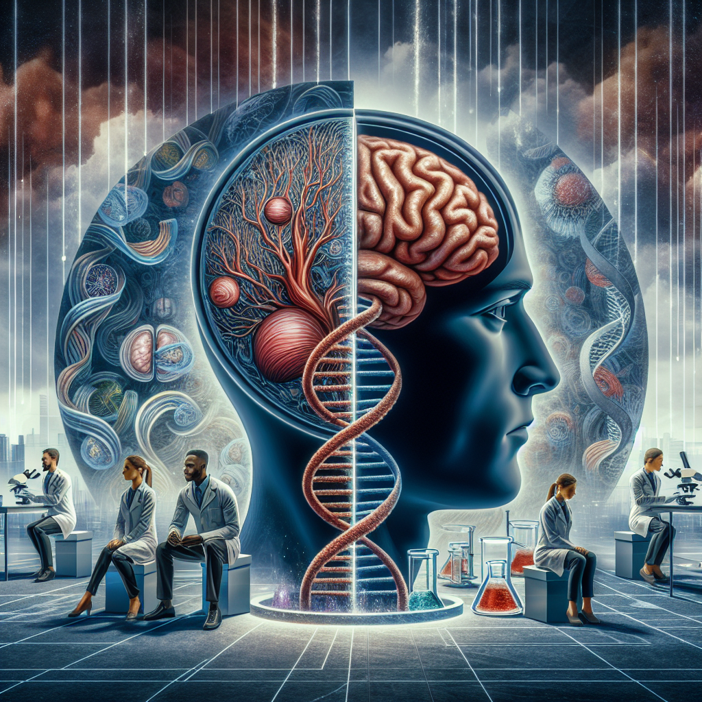 An elaborate scene representative of an environment that could depict the theme of 'ALS Factors'. The layers within this image could include a visual representation of a human brain since ALS (Amyotrophic Lateral Sclerosis) is a neurological disorder predominantly affecting the nerve cells. This should be depicted with a split view, with one side rendered as a normal healthy brain, and the other showing signs of degeneration. Also include elements of DNA strands, to symbolize the genetic factors. Integrate diverse figures, a Black male and Hispanic female, both dressed as scientists studying the scene. The background can be a laboratory setting. This image should provide an illuminative representation of the subject matter.