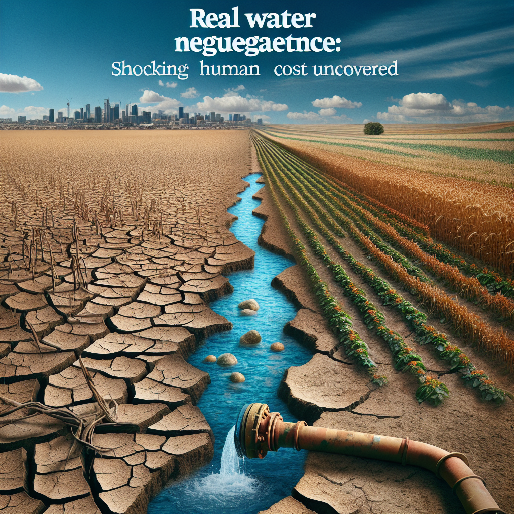 Imagine a compelling and visually telling image for an in-depth investigative article about water scarcity. Taunt heartstrings with the sight of parched farmland, once fruitful now barren, stretching out beneath clear blue skies. Nearby, a wilted crop gasps for life, while a cracked irrigation pipe spills precious water into a dry, thirsty earth. Overlay this landscape with text that exposes the harsh reality: 'Real Water Negligence: Shocking Human Cost Uncovered.' The visual contrast should evoke a sense of urgency surrounding the need for proper water conservation measures.