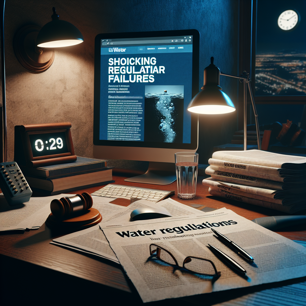 A desk at night with several documents scattered about. The most prominent document reads 'Water Regulations.' A headline on the paper says, 'Shocking Regulatory Failures'. A computer screen in the background displays an ongoing news segment or a legal website highlighting 'Real Water Lawsuits Updates.' A gavel and a pair of reading glasses are next to the paperwork. Nearby is a glass of water under a desk lamp. The wall clock shows the late hours, suggesting a long night of work.