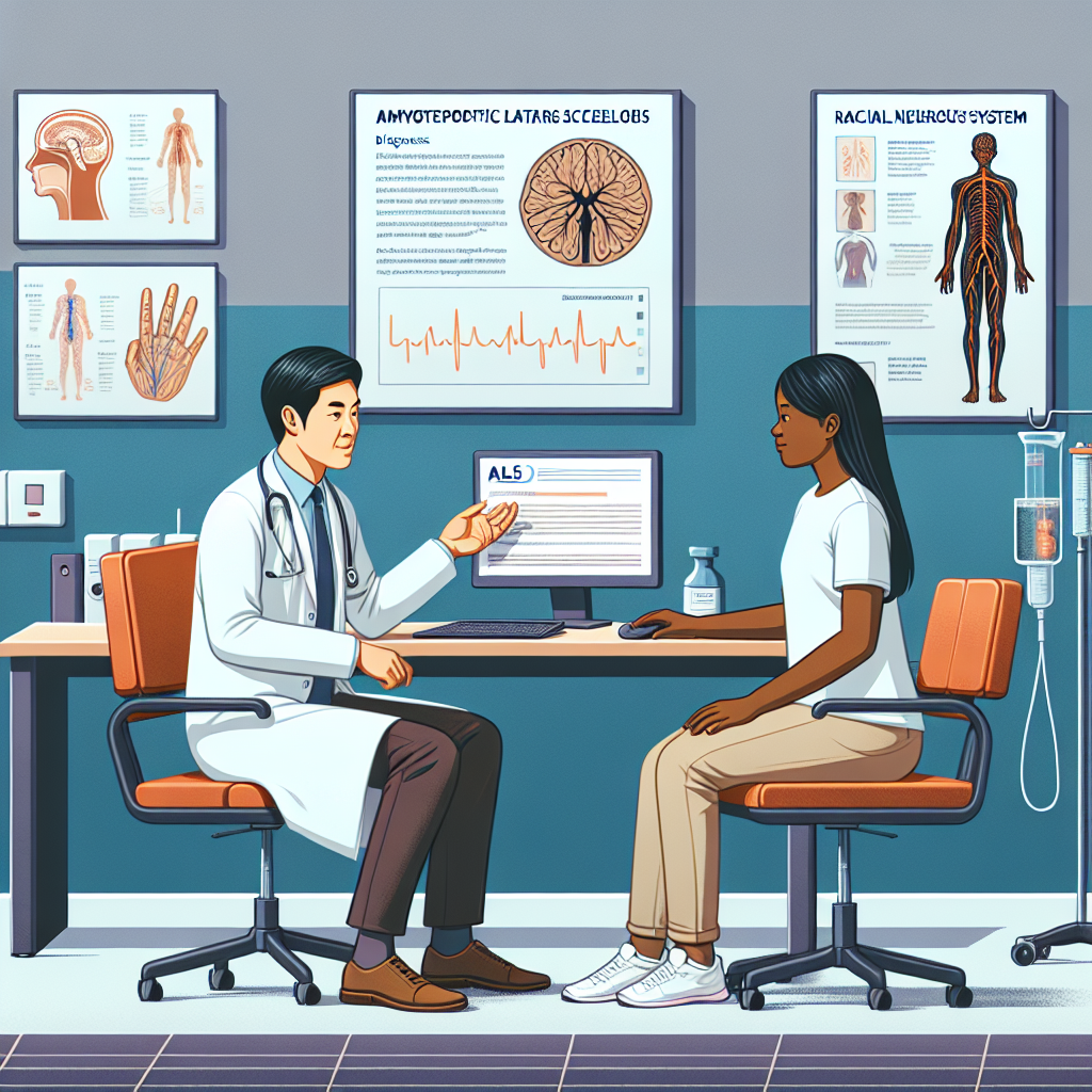 Visual representation of an East Asian male doctor and a Black female patient in a consultation room, discussing a medical report indicating Amyotrophic Lateral Sclerosis (ALS) diagnosis. The room has a supportive and comfortable atmosphere with medical equipment and a computer on the table displaying scientific data about ALS. Also, depict a wall in the room featuring a detailed poster of the human nervous system and a chart showing racial disparities in ALS diagnosis rates. Ensure to present a respectful, compassionate interaction between the doctor and patient, emphasising the importance of personal and medical support in managing ALS.