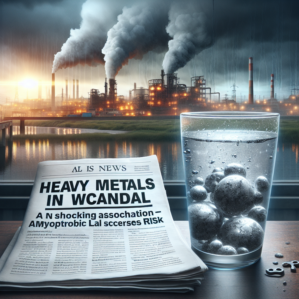 Create a high-quality, photorealistic image that depicts an alarming newspaper headline about a heavy metals in water scandal, revealing a shocking association with ALS (Amyotrophic lateral sclerosis) risk. The headline should be prominent and the image should also include a water glass filled with contaminated water, with heavy metals visibly suspended in it. In the background, there should be an ominous industrial landscape with pollutant-spewing factories, suggesting the source of this contamination.