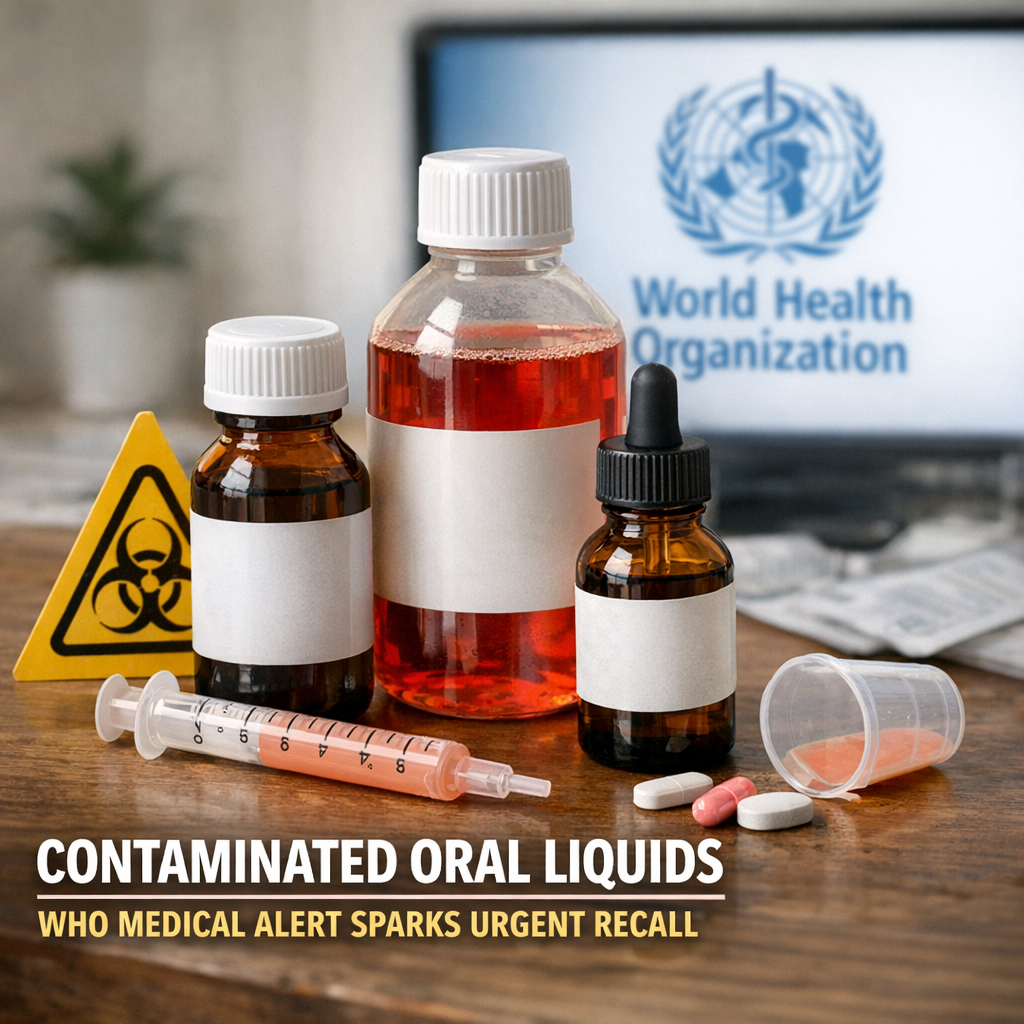 Illustration of Contaminated Oral Liquids: WHO Medical Alert Sparks Urgent Recall