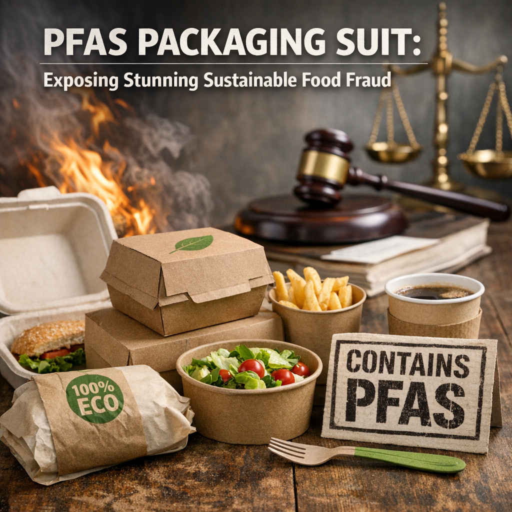 Illustration of PFAS Packaging Suit: Exposing Stunning Sustainable Food Fraud
